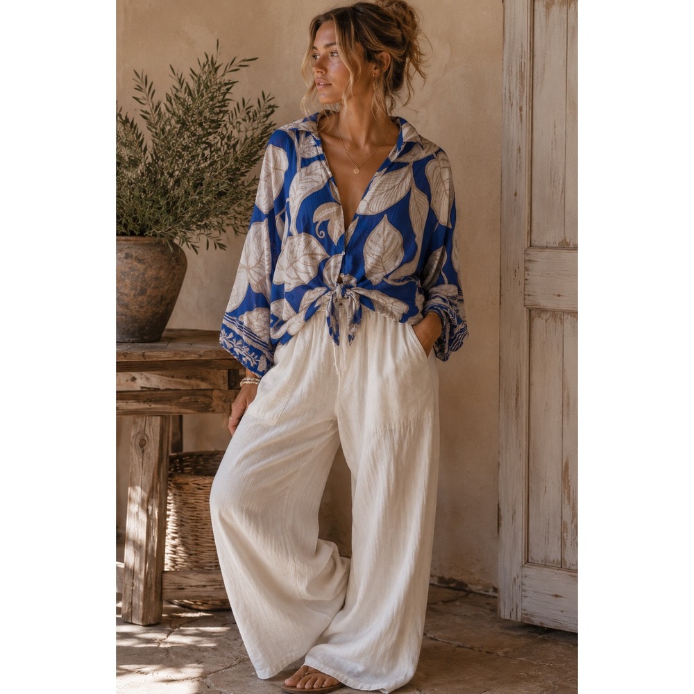Rachel Zoe Blue Tan Leaf Print Linen Blend Tie Front Cropped Top Medium